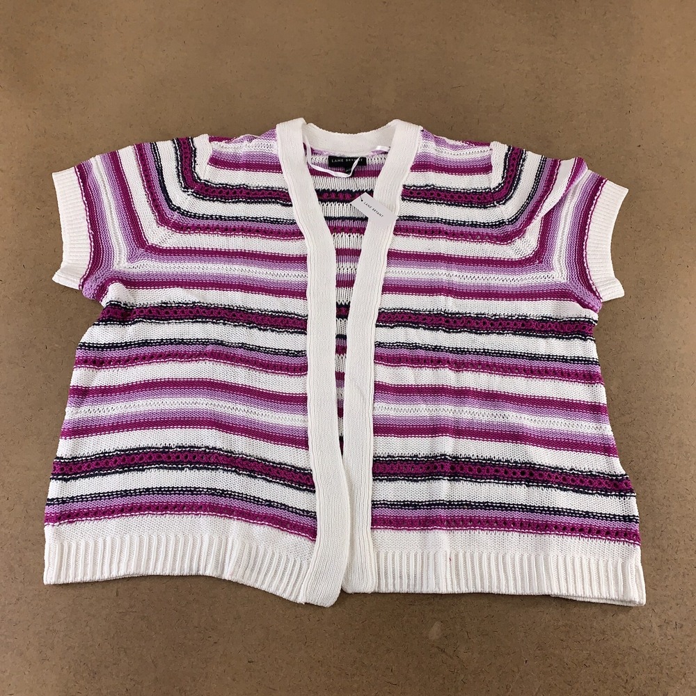 Lane Bryant Women's 26/28 Purple White Striped Short Sleeve Open Cardigan NWT
